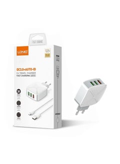 LDNIO شاحن سفر سريع عالي الجودة A3310Q بمقبس الاتحاد الأوروبي و3 منافذ USB بقوة 30 وات مع كابل USB من النوع C - أبيض  - Image 4