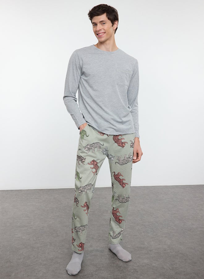 trendyol Gray Double Pattern Tiger Knitted Pajamas Set - Regular Fit - Image 2