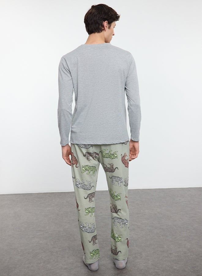 trendyol Gray Double Pattern Tiger Knitted Pajamas Set - Regular Fit - Image 5