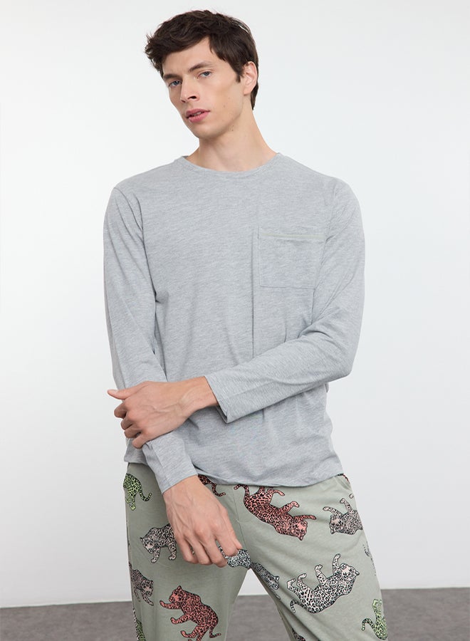 trendyol Gray Double Pattern Tiger Knitted Pajamas Set - Regular Fit - Image 3