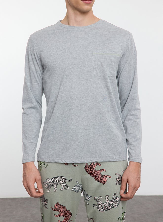 trendyol Gray Double Pattern Tiger Knitted Pajamas Set - Regular Fit - Image 4