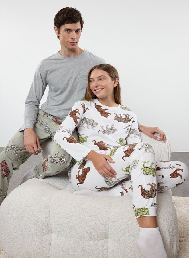 trendyol Gray Double Pattern Tiger Knitted Pajamas Set - Regular Fit - Image 1