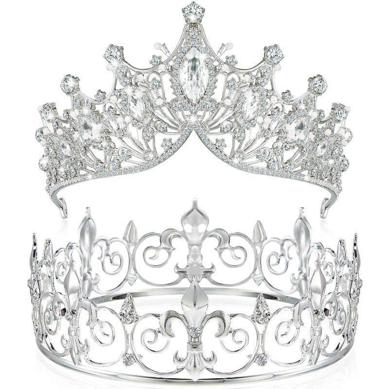 Junkin 2 Pcs Crowns for Men Women Baroque Queen Crown King Prince Tiara Princess Crystal Headband Rhinestone Prom Party Silver