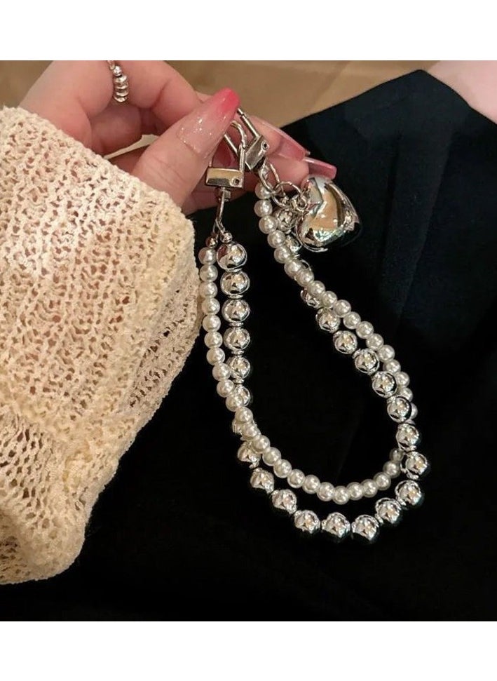 Generic Heart Double Pearl Phone Lanyard Women's Beaded Keychain & Wristband for Phone Camera Wallet(Silver)  - Image 1
