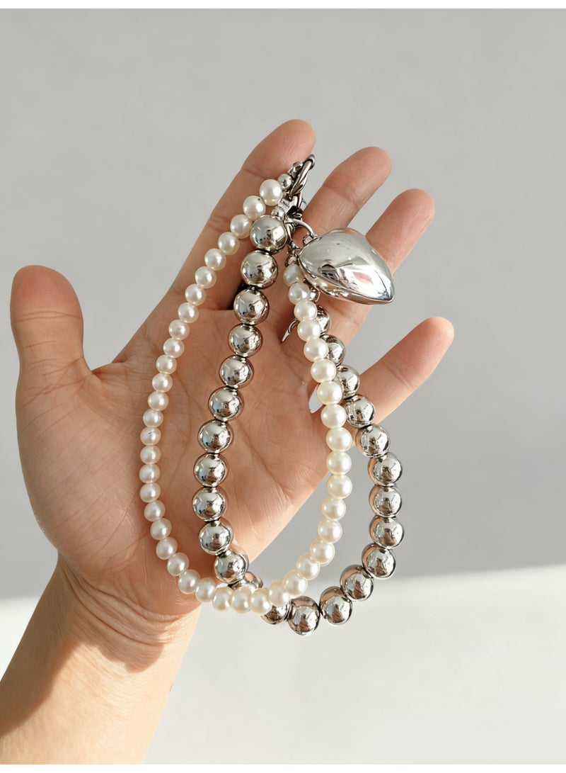 Heart Double Pearl Phone Lanyard Women's Beaded Keychain & Wristband for Phone Camera Wallet(Silver)