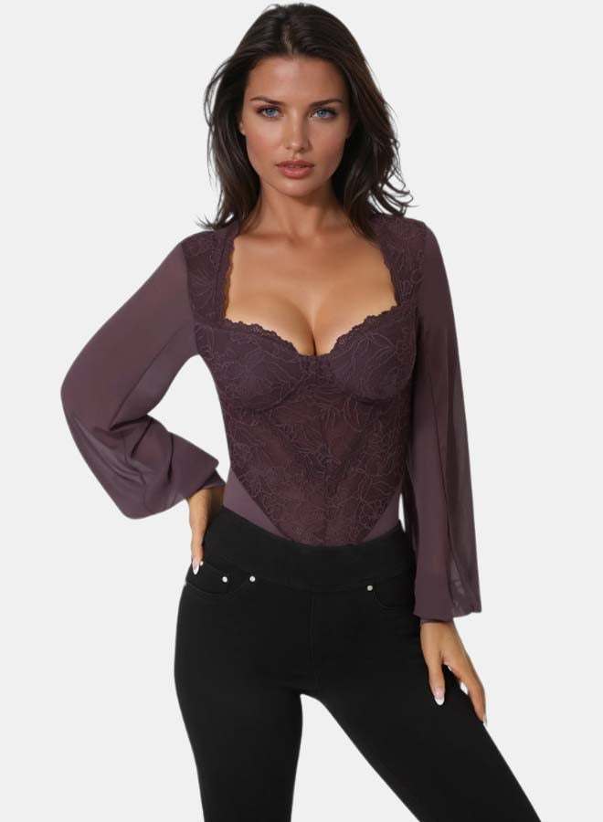 bebe Lace Chiffon Long Sleeve Bodysuit - Image 3
