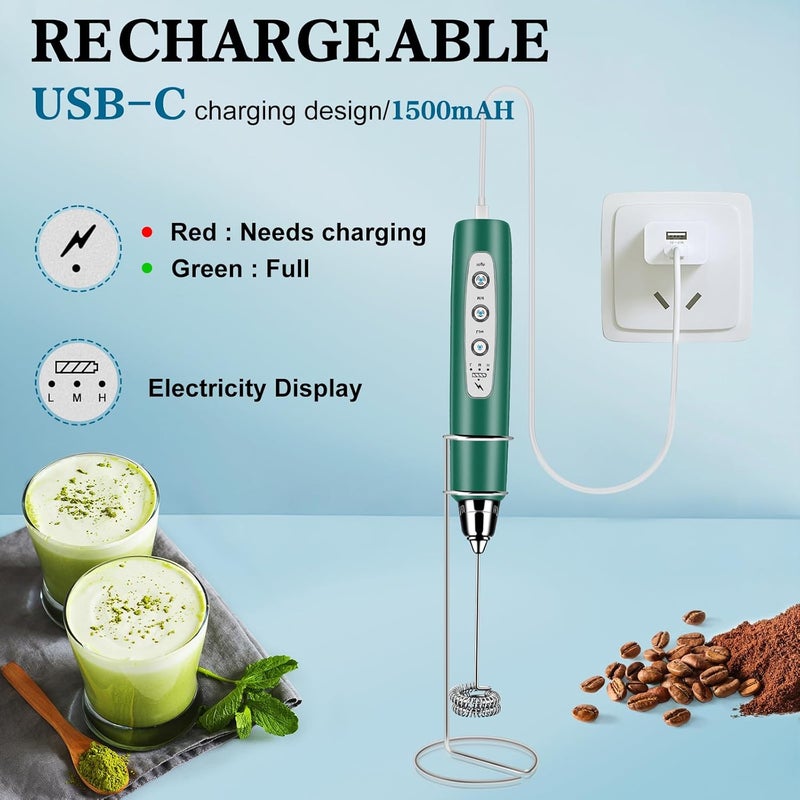 BSRGMS Milk Frother Handheld with Stand, Electric Whisk 3 Speed Adjustable, Drink Mixer with Stainless 3 Whisk, Rechargeable Hand Frother Wand, Foam Maker for Latte Cappuccino Hot Chocolate Egg Green - Image 2