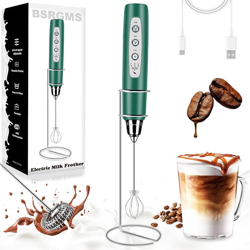 BSRGMS Milk Frother Handheld with Stand, Electric Whisk 3 Speed Adjustable, Drink Mixer with Stainless 3 Whisk, Rechargeable Hand Frother Wand, Foam Maker for Latte Cappuccino Hot Chocolate Egg Green - Image 1