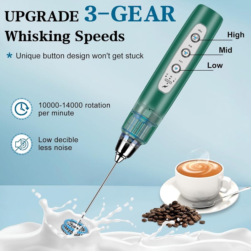 BSRGMS Milk Frother Handheld with Stand, Electric Whisk 3 Speed Adjustable, Drink Mixer with Stainless 3 Whisk, Rechargeable Hand Frother Wand, Foam Maker for Latte Cappuccino Hot Chocolate Egg Green - Image 3