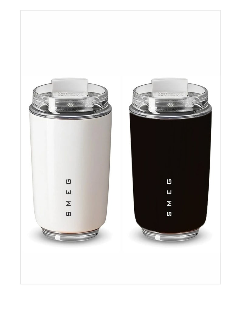 smeg Travel Mug, Insulated Coffee Tumbler, Leak Proof Stainless Steel Thermal Reusable Coffee Cup, Lightweight And Portable Drink Container For Office Traveling, (Pack Of 2pcs, 350ML, White And Grey) - Image 1