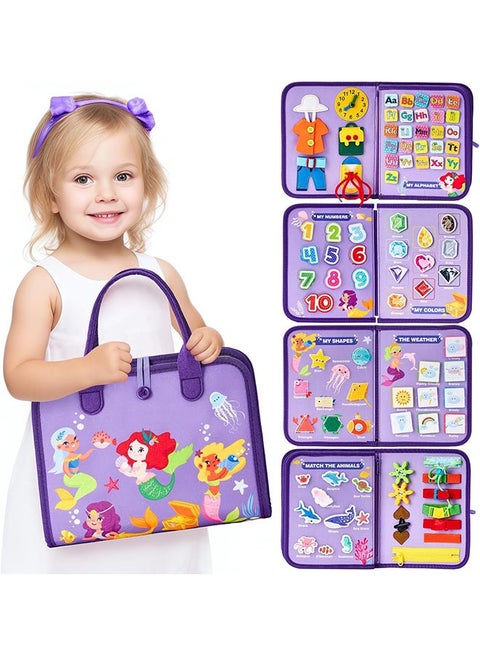 Busy Board Montessori, montessori educational toys, Toys for Girls, Educational Sensory Activity Board Toy, Preschool Learning Busy Board for toddlers, Fine Motor Skills, Basic Dress Skills, Travel Toy for Kids (Purple Mermaid)