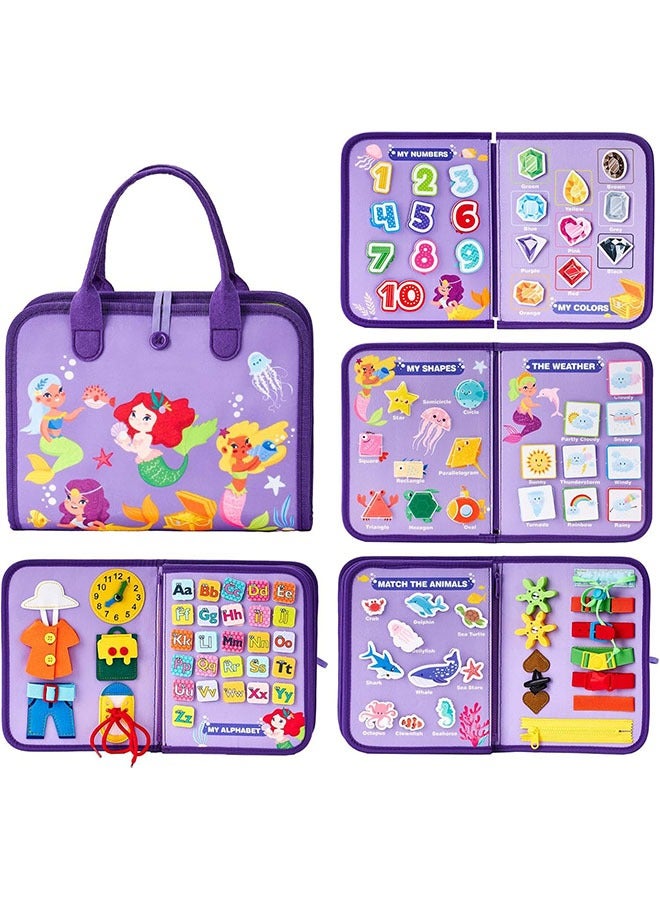 Busy Board Montessori, Toys for Girls, Educational Sensory Activity Board Toy, Preschool Learning Busy Board for toddlers, Fine Motor Skills, Basic Dress Skills, Travel Toy for Kids (Purple Mermaid)  - Image 2