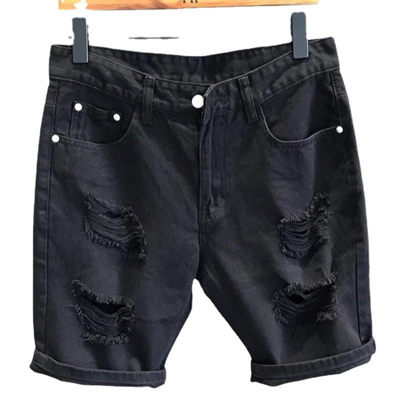 2024 Trendy HK White Ripped Denim Shorts for Men Black  - Image 5