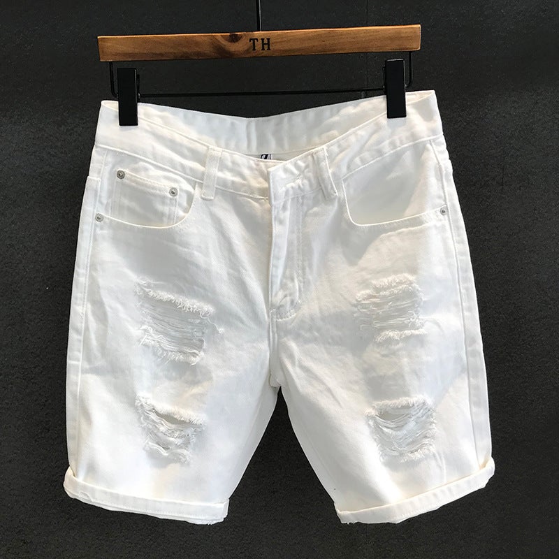 2024 Trendy HK White Ripped Denim Shorts for Men Black  - Image 2