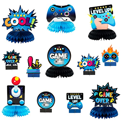 BeYumi 12 Pcs Blue Video Game Honeycomb Centerpieces Table Toppers 3D Video Game Table Decorations Supplies Kit for Kids Boys Game Fans Level Up Game Over Gaming Theme Birthday Party Baby Shower - Image 1