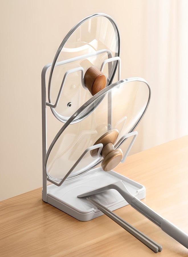 PAVSTINE Pot Lid Holder, 2 Tier Pan Lid Holders While Cooking, Lid and Spoon Rest for Kitchen Counter, Pot Lid Organizer Stand with Drip Tray, Pot Lid Rack Kitchen Utensil Holder Rest, White - Image 1