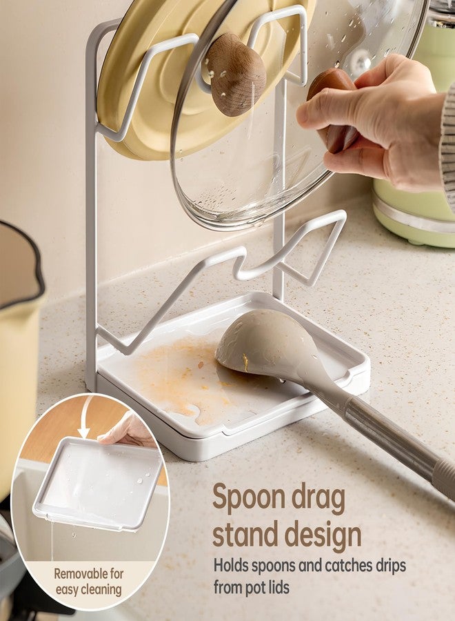 PAVSTINE Pot Lid Holder, 2 Tier Pan Lid Holders While Cooking, Lid and Spoon Rest for Kitchen Counter, Pot Lid Organizer Stand with Drip Tray, Pot Lid Rack Kitchen Utensil Holder Rest, White - Image 3