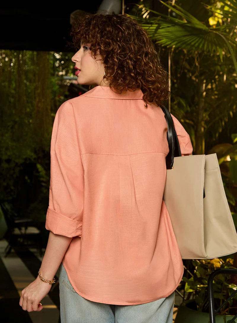 Pinacolada  Women's Peach Plain/Basic Relaxed Shirt For Casual Wear | Collared Neck | Long Sleeve | Button Closure | Shirt Crafted With Cotton Comfort Fit For Everyday Wear for Women | Best Price UAE