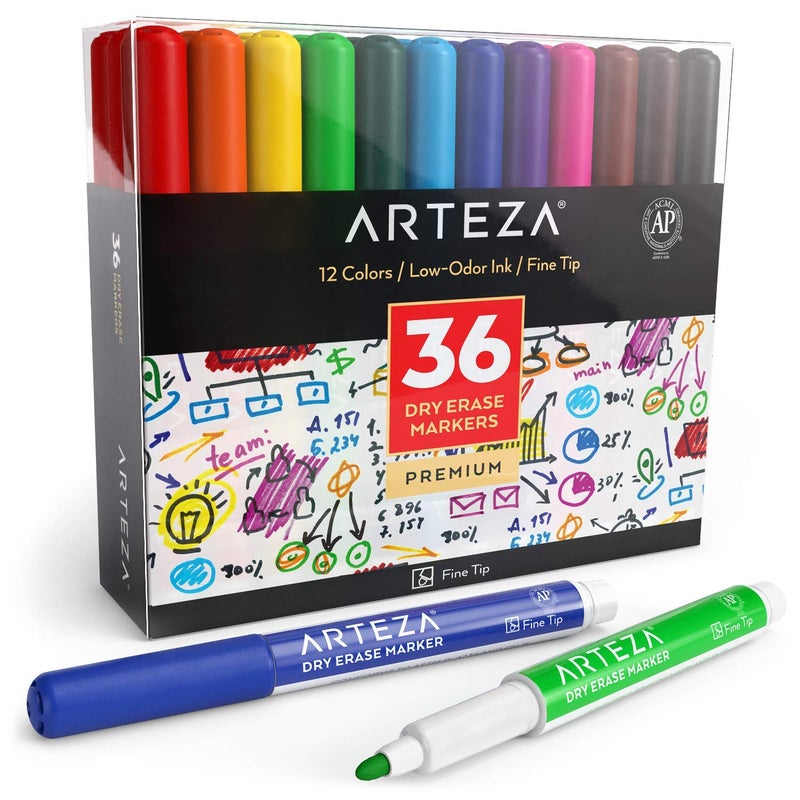 ARTEZA Dry Erase Markers Fine Tip, Bulk Pack of 36 Low Odor Dry Erase Pens in 12 Assorted Colors, Whiteboard Markers - Image 1