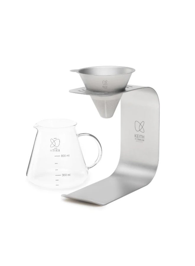 KEITH Titanium Ti3612 Pour Over Coffee Kit, Pure Titanium Coffee Dripper Set with Reusable Filter & Glass Server for Camping and Specialty Coffee - Image 1