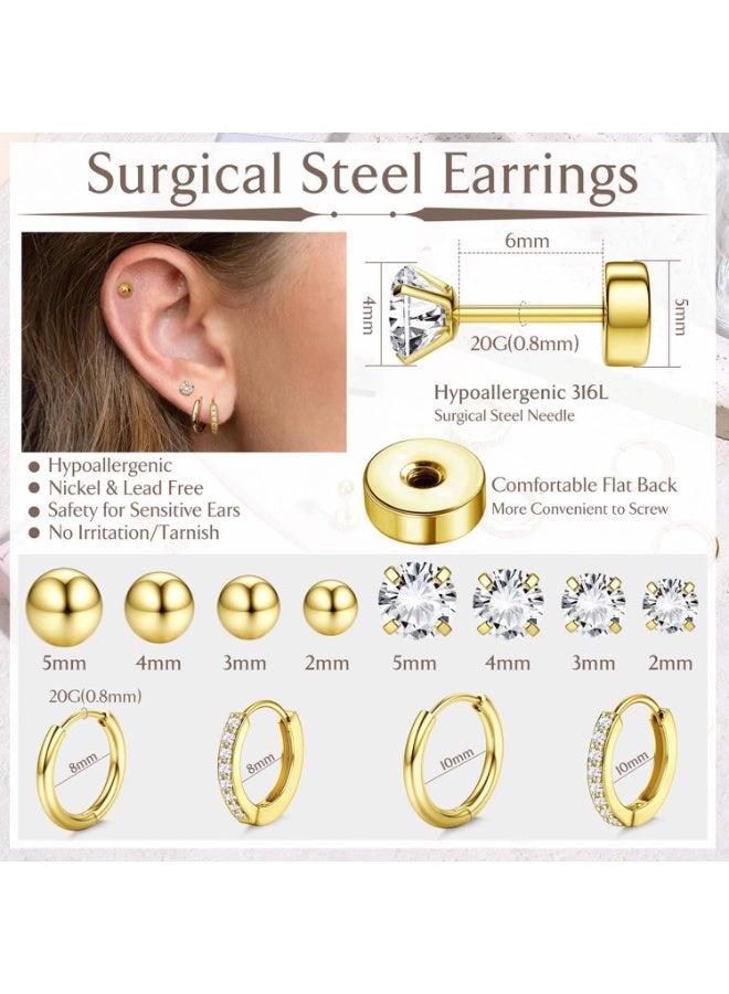 أقراط للأذن الحساسة، مصنوعة من الفولاذ الجراحي المضاد للحساسية، مطلية بالذهب عيار 14 قيراط، بتصميم مسطح من الخلف، مناسبة للنساء والرجال، حلقات صغيرة من الفولاذ المقاوم للصدأ، مجموعة أقراط للغضروف، مناسبة لمختلف أنواع ثقب الأذن. - Image 5