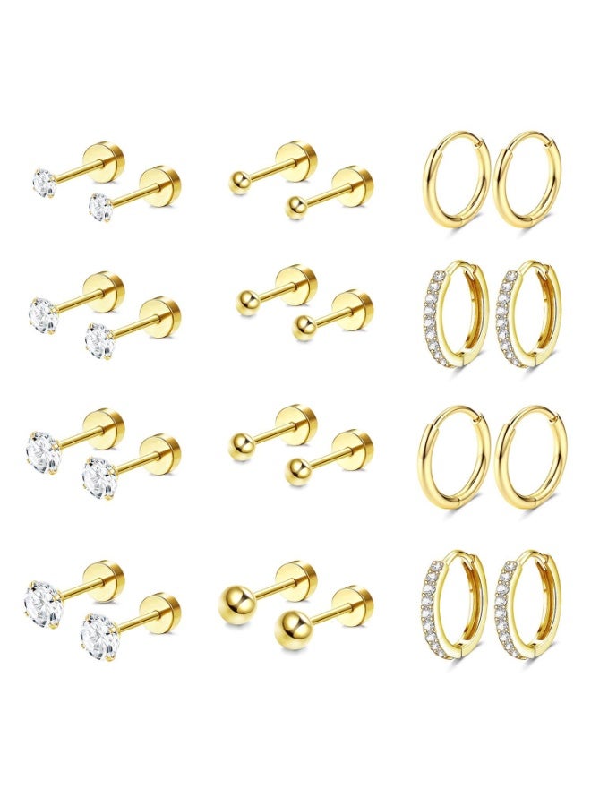 أقراط للأذن الحساسة، مصنوعة من الفولاذ الجراحي المضاد للحساسية، مطلية بالذهب عيار 14 قيراط، بتصميم مسطح من الخلف، مناسبة للنساء والرجال، حلقات صغيرة من الفولاذ المقاوم للصدأ، مجموعة أقراط للغضروف، مناسبة لمختلف أنواع ثقب الأذن. - Image 1