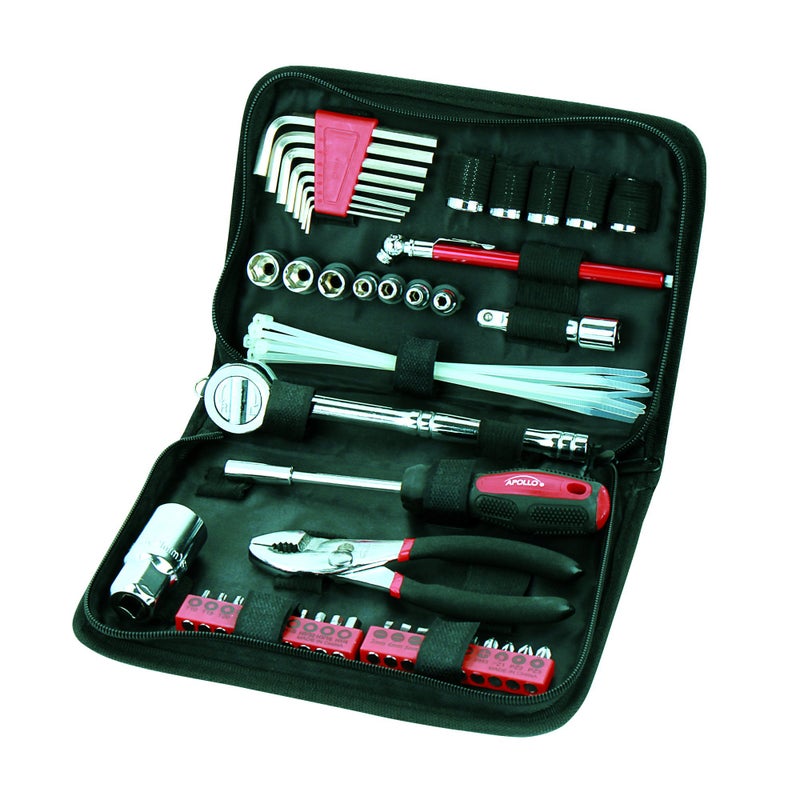 Apollo Tools 56 Piece Compact Metric Auto Tool Set in Zippered Case, Small Mechanic Tool Set for Car Emergency, Motorcycle Repair on the Road, Great for Travel Tool Needs - Red - DT9775 - Image 1