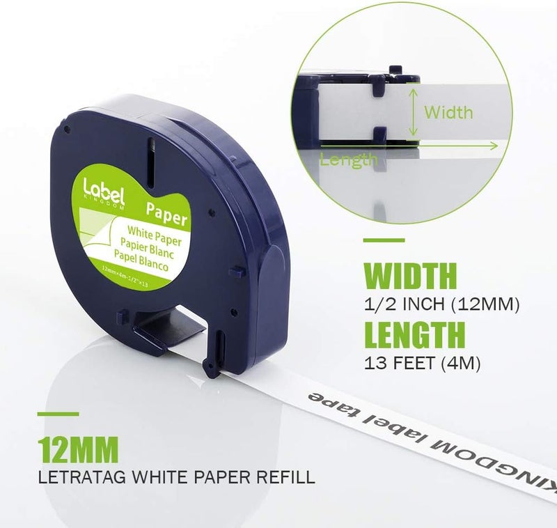 لايبل كينجدوم عبوة من 8 قطع من شريط بديل متوافق مع Dymo Letratag 91330 10697، ورق معاد تعبئته، أسود على أبيض، مقاس 1/2 بوصة × 13 قدم، شريط لاصق ذاتي لـ Letra Tag LT-100T LT-100H Plus QX50، علامة KINGDOM - Image 4