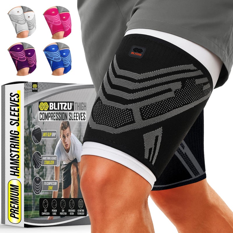 BLITZU Hamstring Compression Sleeve 1 Pair, Upper Leg Sleeves, Thigh, Quad & Groin Support for Men and Women, Anti-Slip Thigh Brace & Wrap for Running, Workout, Sports Recovery Black L - Image 1