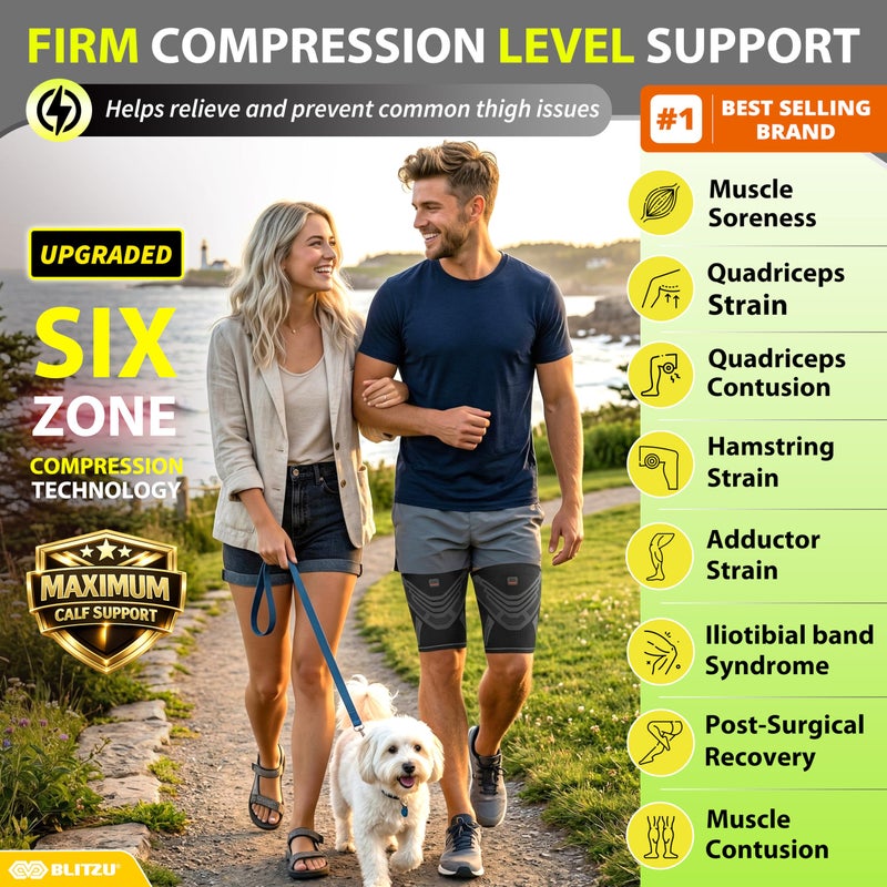 BLITZU Hamstring Compression Sleeve 1 Pair, Upper Leg Sleeves, Thigh, Quad & Groin Support for Men and Women, Anti-Slip Thigh Brace & Wrap for Running, Workout, Sports Recovery Black L - Image 2