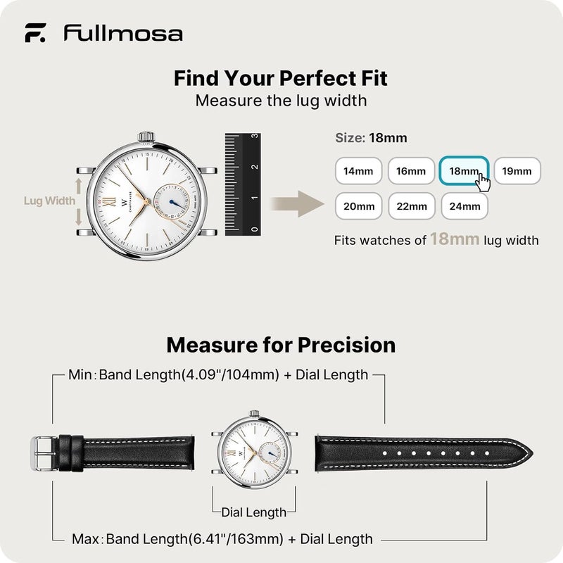 Fullmosa Watch Strap 18mm 19mm 20mm 22mm 24mm,Axus Genuine Leather Watch Band with Quick Release for Men Women,18mm Black - Image 5