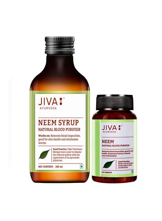 Jiva Combo Of Neem Tablet - 120 & Neem Syrup 200 ml | 100% Ayurvedic Formula | Purifies Blood & Improves Circulation | Helps With Acne, Pimples, Itching And Blisters (Combo of 2) - Image 1