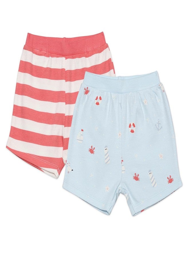 miniklub Cotton Striped & Ocean Theme Printed Shorts,Pack of 2,Red & Blue(6-9M) - Image 1
