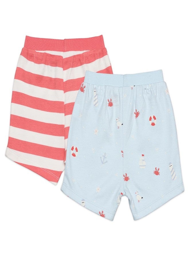 miniklub Cotton Striped & Ocean Theme Printed Shorts,Pack of 2,Red & Blue(6-9M) - Image 2