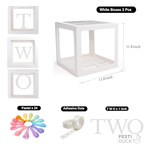 Festi Duck 'TWO' Balloon Box Set - Stylish Lettered Decor for second Birthday & Aniversary Celebration (TWO Birthday Box) 28 pcs set 2nd Birthday & second Anniversary (Pastel Rainbow),Paper - Image 2