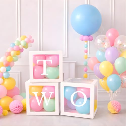 Festi Duck 'TWO' Balloon Box Set - Stylish Lettered Decor for second Birthday & Aniversary Celebration (TWO Birthday Box) 28 pcs set 2nd Birthday & second Anniversary (Pastel Rainbow),Paper - Image 1