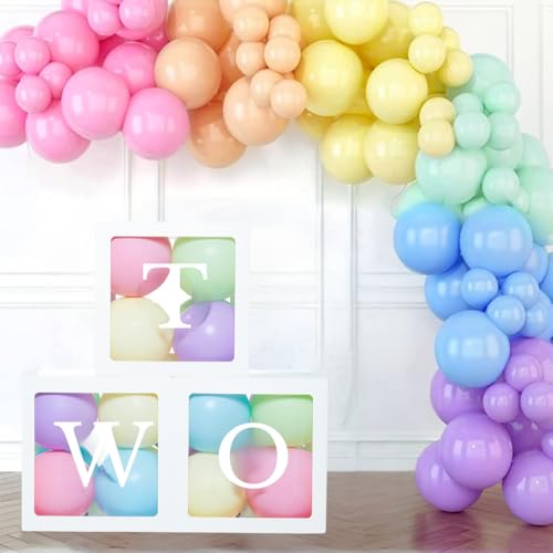 Festi Duck 'TWO' Balloon Box Set - Stylish Lettered Decor for second Birthday & Aniversary Celebration (TWO Birthday Box) 28 pcs set 2nd Birthday & second Anniversary (Pastel Rainbow),Paper - Image 4