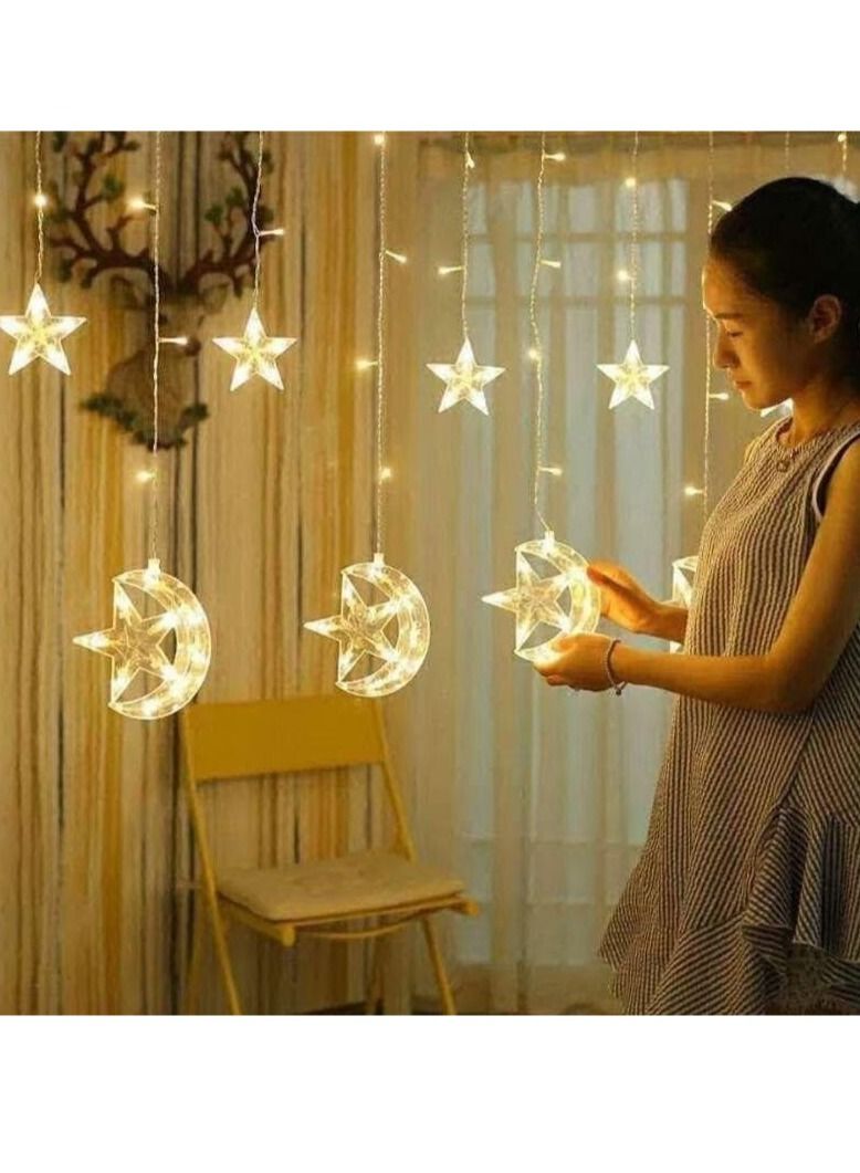 LED Star Moon Curtain Lights Ramadan Decorations Lights 8 Modes USB Powered Window Curtain Fairy String Lights with Remote Control  Wedding Party Ramadan Decoration for Home Warm White - Image 1