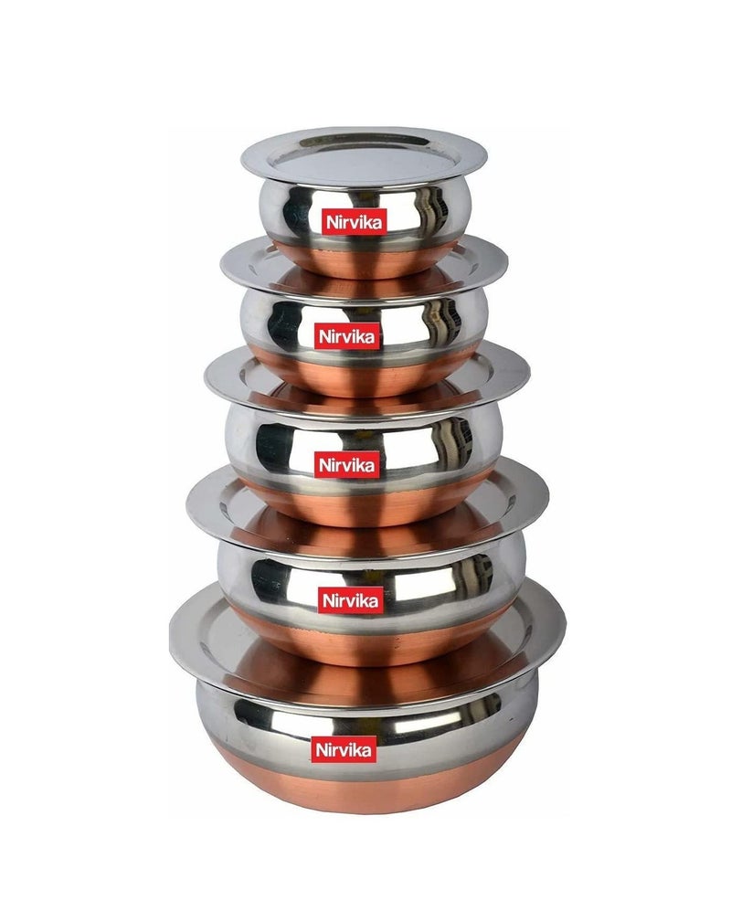 Nirvika Stainless Steel Copper Bottom Handi,patila, Pot Biryani Punjabi Handi Set with Lid 5 Pieces Serving Bowls with Lids Cookware Set Capacity:- 0.5 L,0.8 L,1.2 L,1.5 L,1.8 L,(Copper & Silver) - Image 1