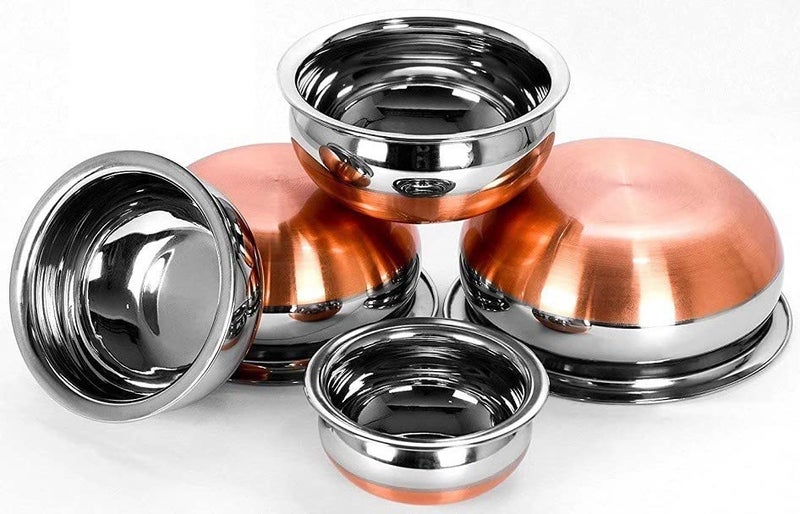 Nirvika Stainless Steel Copper Bottom Handi,patila, Pot Biryani Punjabi Handi Set with Lid 5 Pieces Serving Bowls with Lids Cookware Set Capacity:- 0.5 L,0.8 L,1.2 L,1.5 L,1.8 L,(Copper & Silver) - Image 3