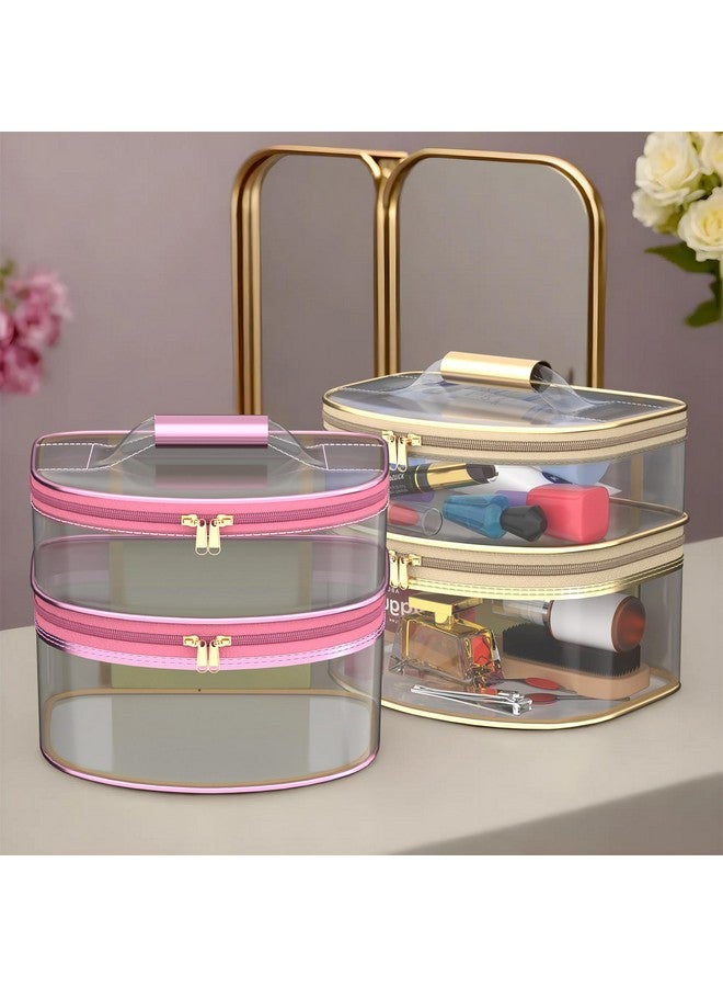 Kuber Industries Pack Of 2 Travel Storage Organizer | Dual Layer Cosmetic Bag With Handle | Travel Makeup Pouch | Transparent Jewellery Kit | Toiletries Storage Kit | D Shape | Pink & Golden - Image 1