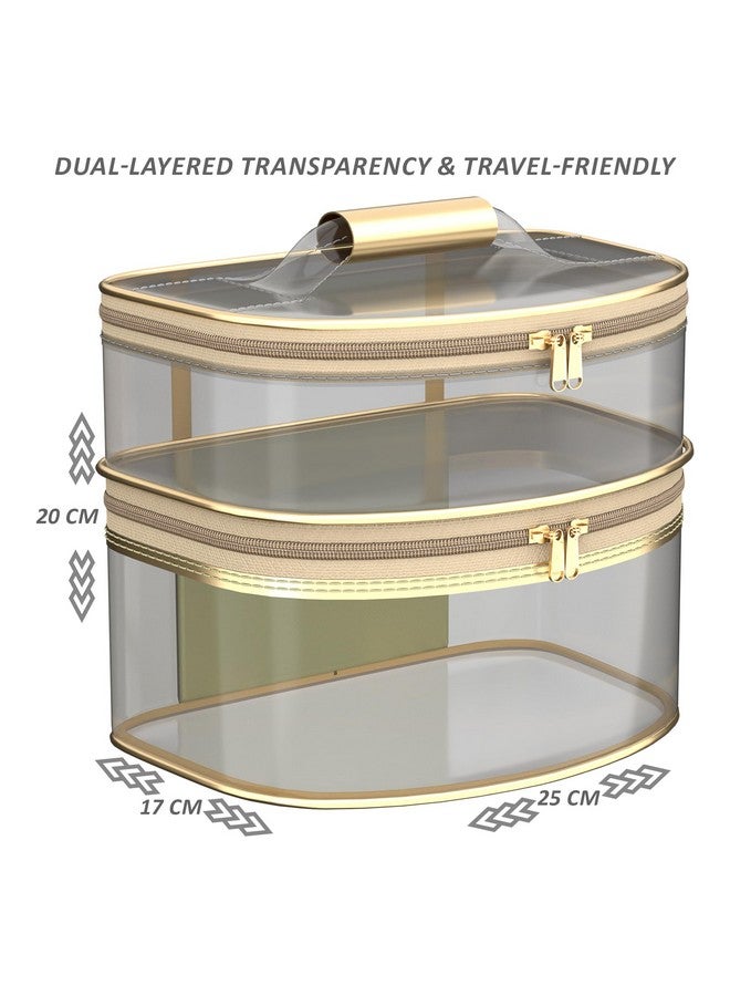 Kuber Industries Pack Of 2 Travel Storage Organizer | Dual Layer Cosmetic Bag With Handle | Travel Makeup Pouch | Transparent Jewellery Kit | Toiletries Storage Kit | D Shape | Pink & Golden - Image 3