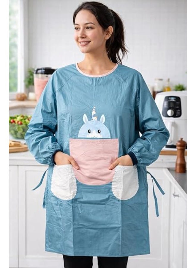 مريلة تنظيف للجنسين، مقاومة للماء والزيوت، بأكمام، بتصميم نورديك، لون ازرق  ملابس منزلية واقية للطبخ، تصميم أنيق وعملي. - Image 3
