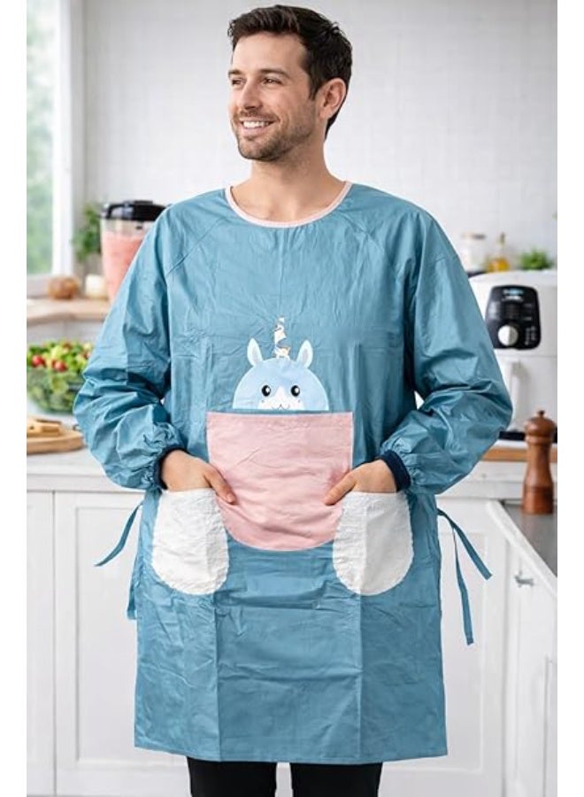 مريلة تنظيف للجنسين، مقاومة للماء والزيوت، بأكمام، بتصميم نورديك، لون ازرق  ملابس منزلية واقية للطبخ، تصميم أنيق وعملي. - Image 4