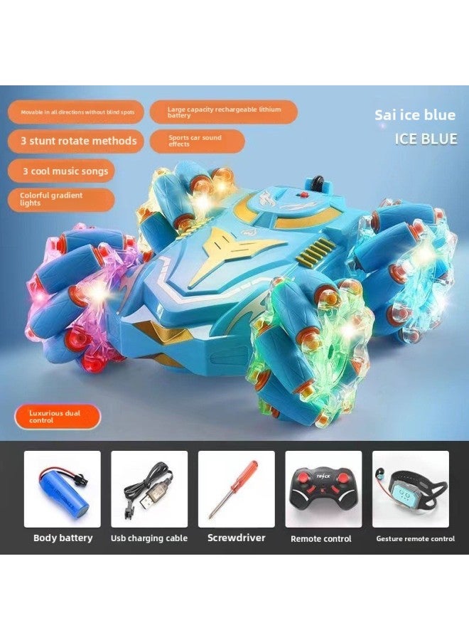 Drift Remote Control Car Four-wheel Drive Lateral Drift Stunt Car Double-sided Rotating Off-road Climbing Light Music Toy Car-Color:H6010 Remote Control Car + Gesture Remote Control [light Blue]-Proportion:1:24