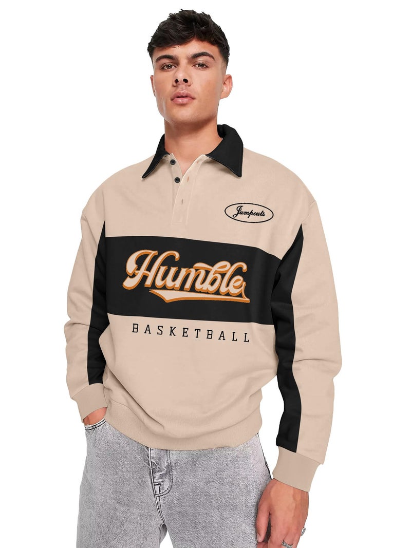 Jump Cuts||Mens Printed||Full Sleeve||Beige||Cotton Blend||Oversized Fit||Polo T-Shirt - Image 1