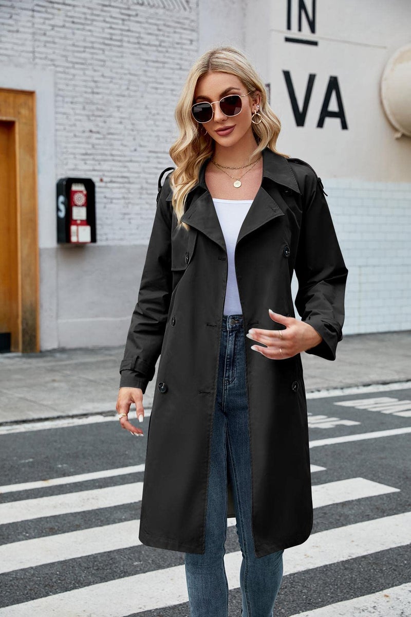 Makkrom Women's Double Breasted Long Trench Coat Windproof Classic Lapel Slim Overcoat with Belt - Image 3