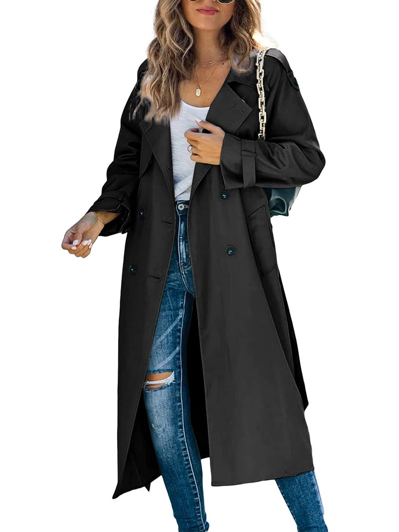 Makkrom Women's Double Breasted Long Trench Coat Windproof Classic Lapel Slim Overcoat with Belt - Image 1