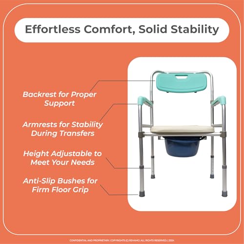 Rehamo Comy WBA Bedside Commode - Soft Seat, Folding Aluminum Frame, Armrest & Backrest, Removable Bin with Lid | Easy to Clean, Water-Resistant | Men & Women, Adults, Patients - Image 5