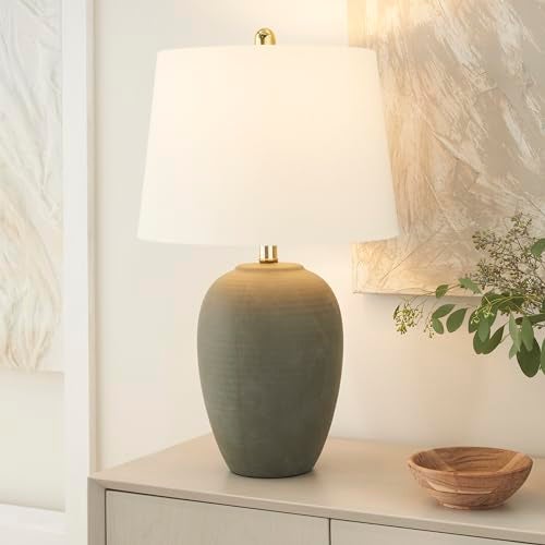 Nourison Home 23" Olive Green Ceramic Pot Table Lamp for Bedroom, Living Room, Dining Office, with White Tapered Drum Shade - Image 2